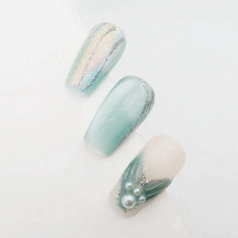 Aqua Elegance - Handmade Press On Nails - Short Coffin - Scuti Luxury