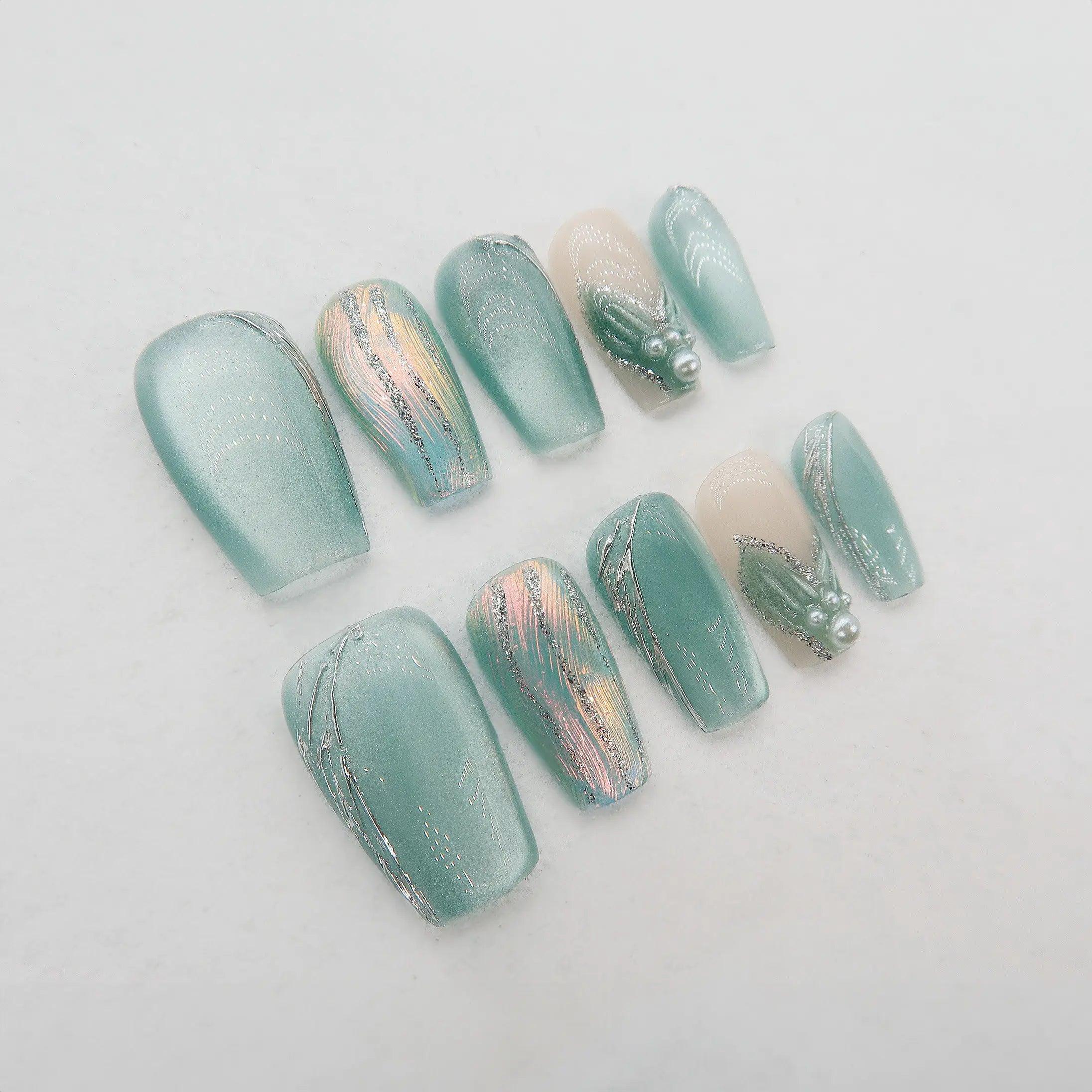 Aqua Elegance - Handmade Press On Nails - Short Coffin - Scuti Luxury