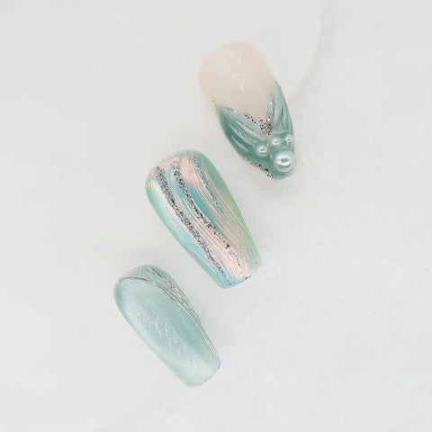 Aqua Elegance - Handmade Press On Nails - Short Coffin - Scuti Luxury