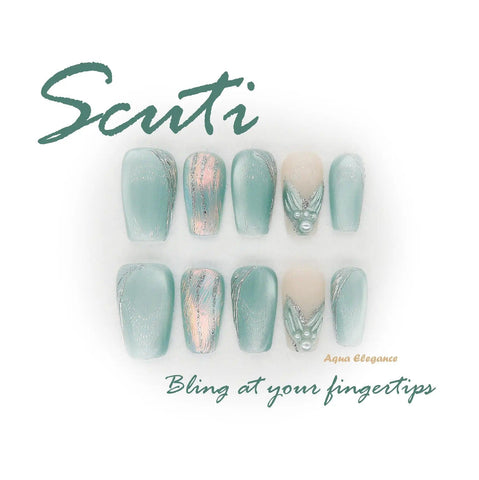 Aqua Elegance - Handmade Press On Nails - Short Coffin - Scuti Luxury