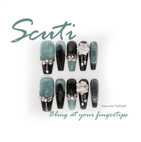 Emerald Twilight - Handmade Press On Nails - Long Coffin - Scuti Luxury