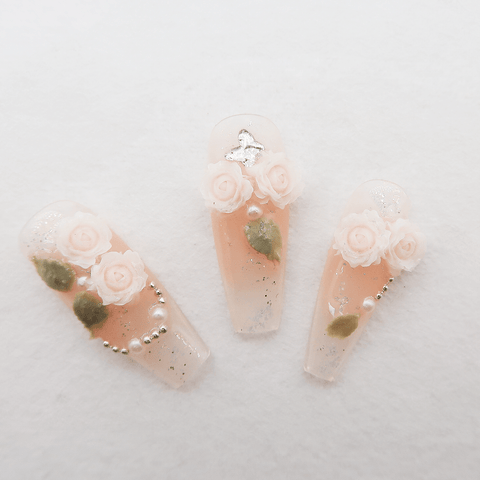 Ethereal Blossom - Handmade Press On Nails - Long Coffin - Scuti Luxury