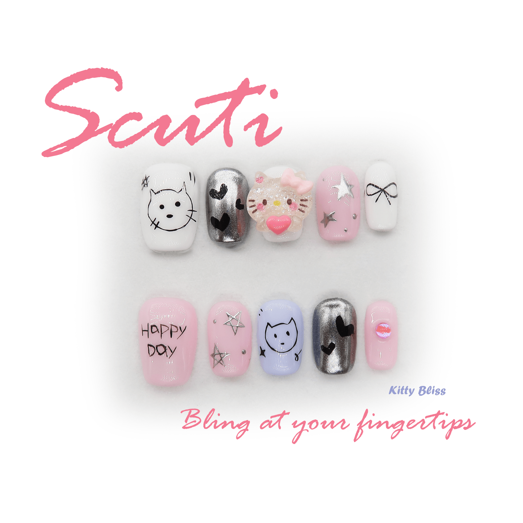 Kitty Bliss - Handmade Press On Nails - Short Square / Exclusive Designer Collection - Scuti Luxury