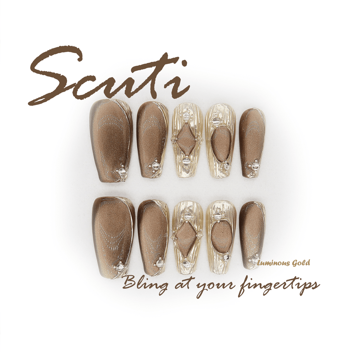 Luminous Gold - Handmade Press On Nails - Medium Coffin - Scuti Luxury