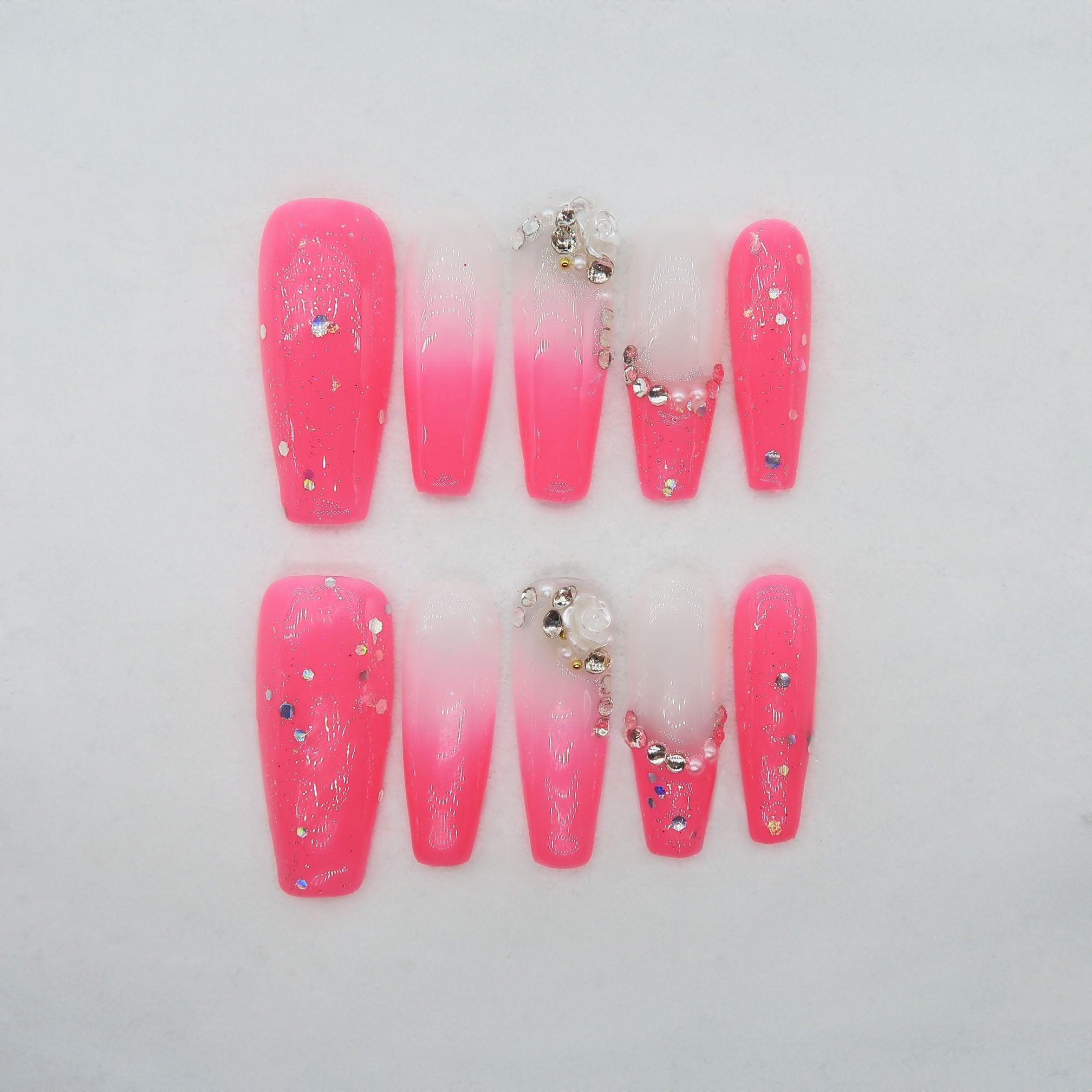 Pink Dance - Handmade Press On Nails - Long Coffin