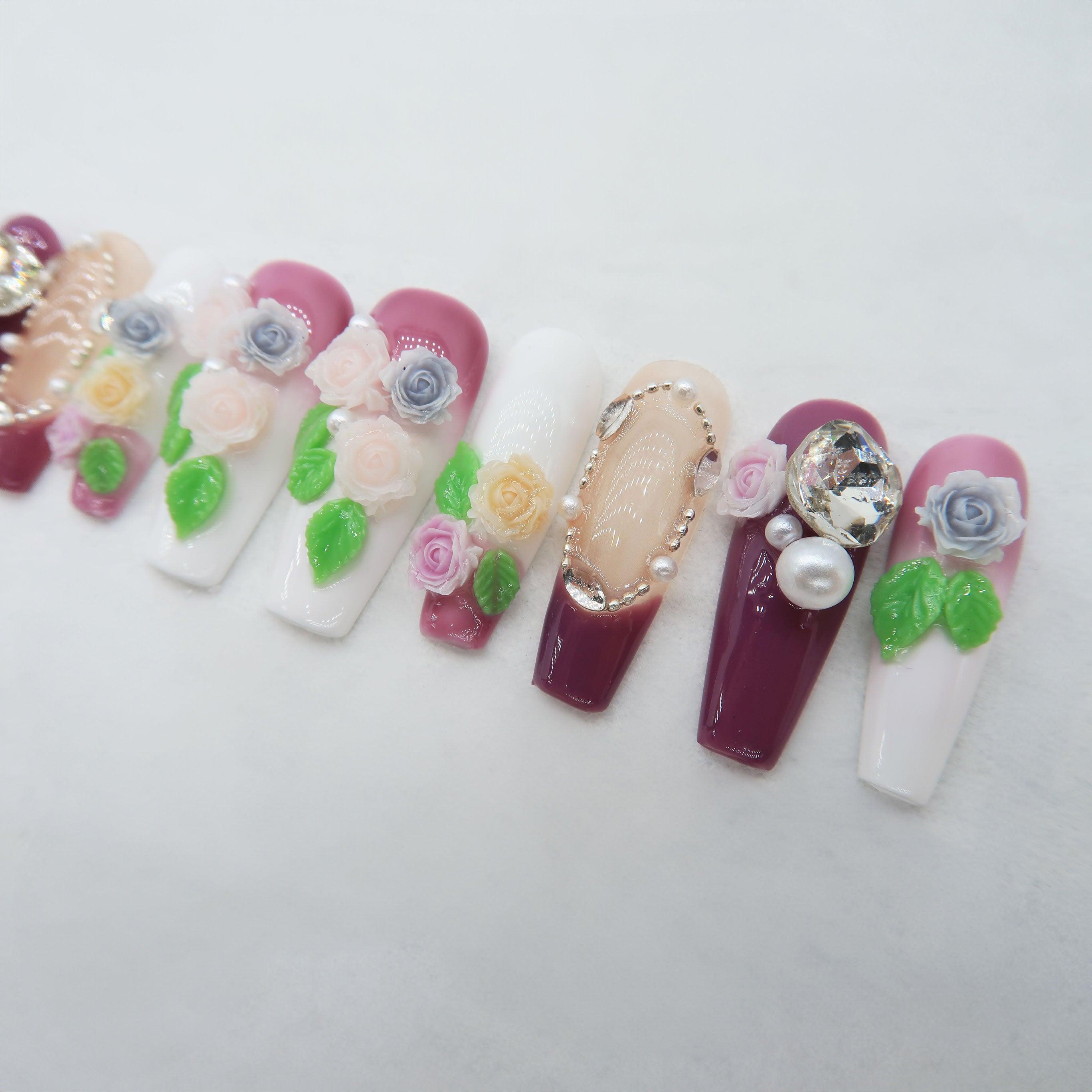 Rose Garden - Handmade Press On Nails - Long Coffin - Scuti Luxury