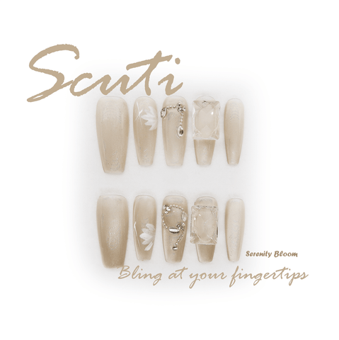 Serenity Bloom - Handmade Press On Nails - Long Coffin - Scuti Luxury