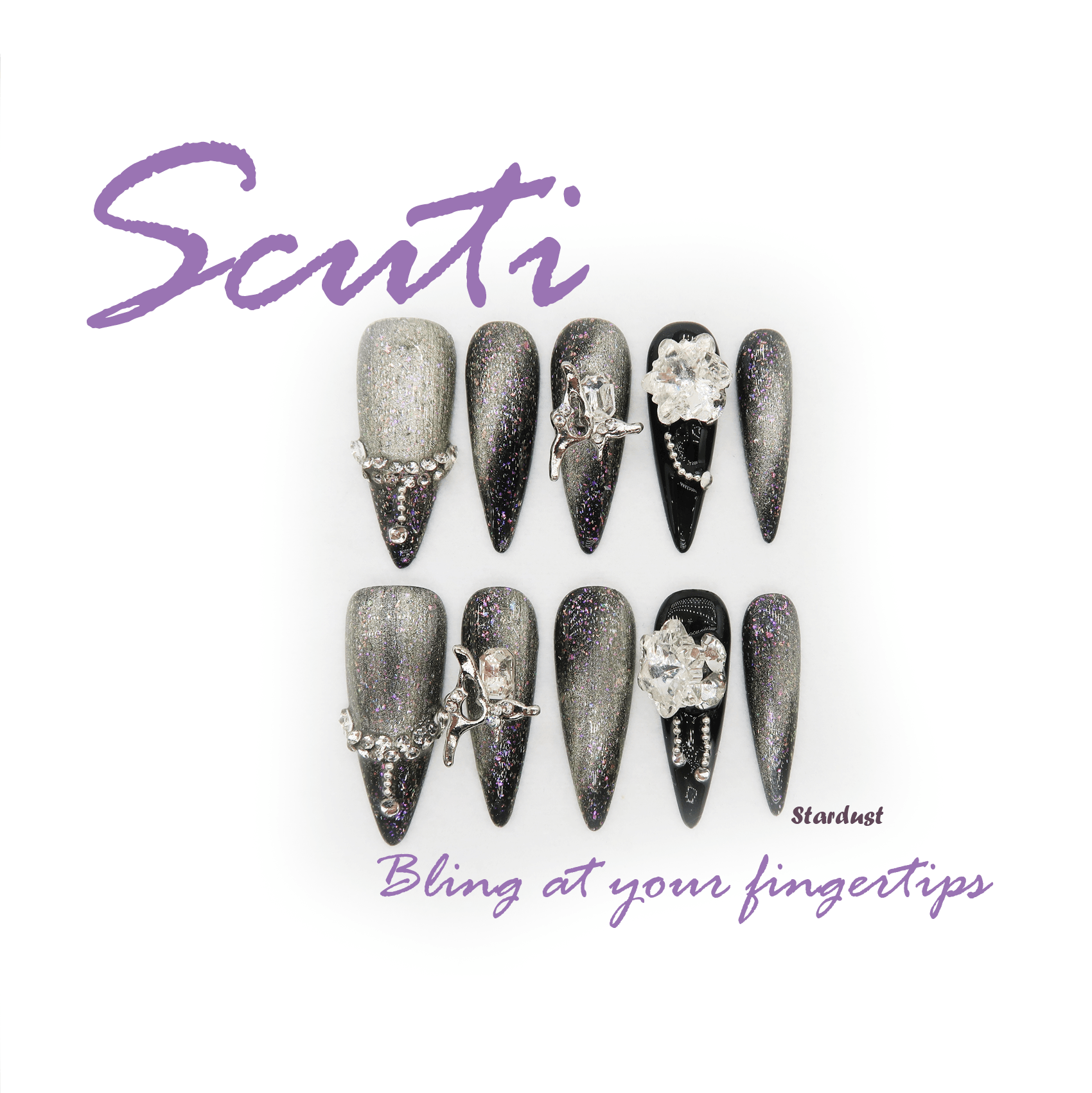 Stardust - Handmade Press On Nails - Long Stiletto - Scuti Luxury